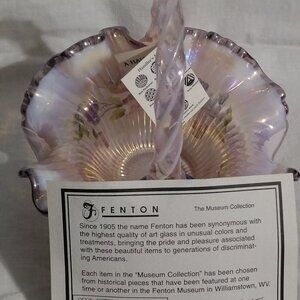 fenton pink amethyst opalescent ribbon candy hand painted handled basket